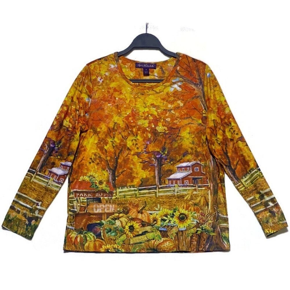 Gloria Vanderbilt Women's Medium Top Rhinestones in Trees Fall Farm Scene